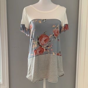 Floral and stripe color block shirt